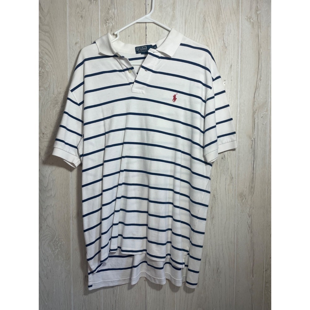 POLO by Ralph Lauren, Men's Short Sleeve Shirt, White and Blue Striped, Large